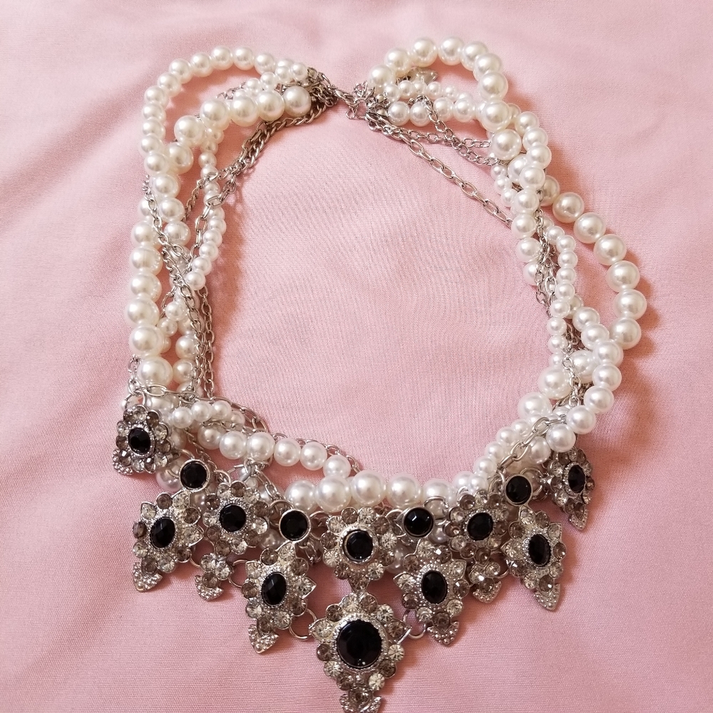 Pearl Rhinestone Black Silver Necklace Choker